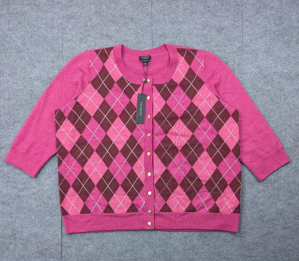 Talbots Merino Wool Cardigan Womens 2X Petite Pink Argyle Academia Preppy Layer - Picture 1 of 8